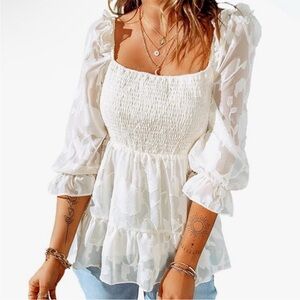 NEW Evaless 3/4 Sleeve Beige Summer Square Neck Blouse